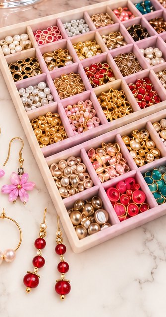 A tray of beads sorted by compartment: pearls, gold, red and pink glass