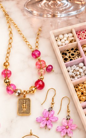 A gold chain necklace with pink glass beads and a charm, beside pink flower earrings